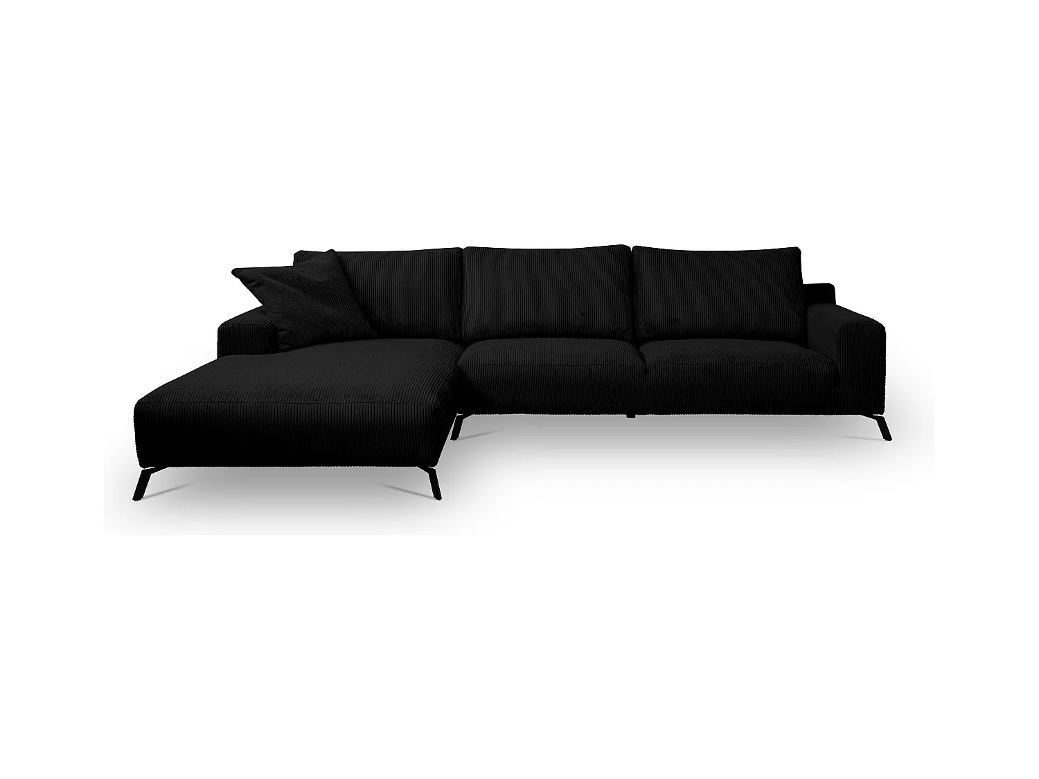 Canapé d'angle Aspen, couleur du canapé : noir, tissu velours côtelé, pouf à gauche