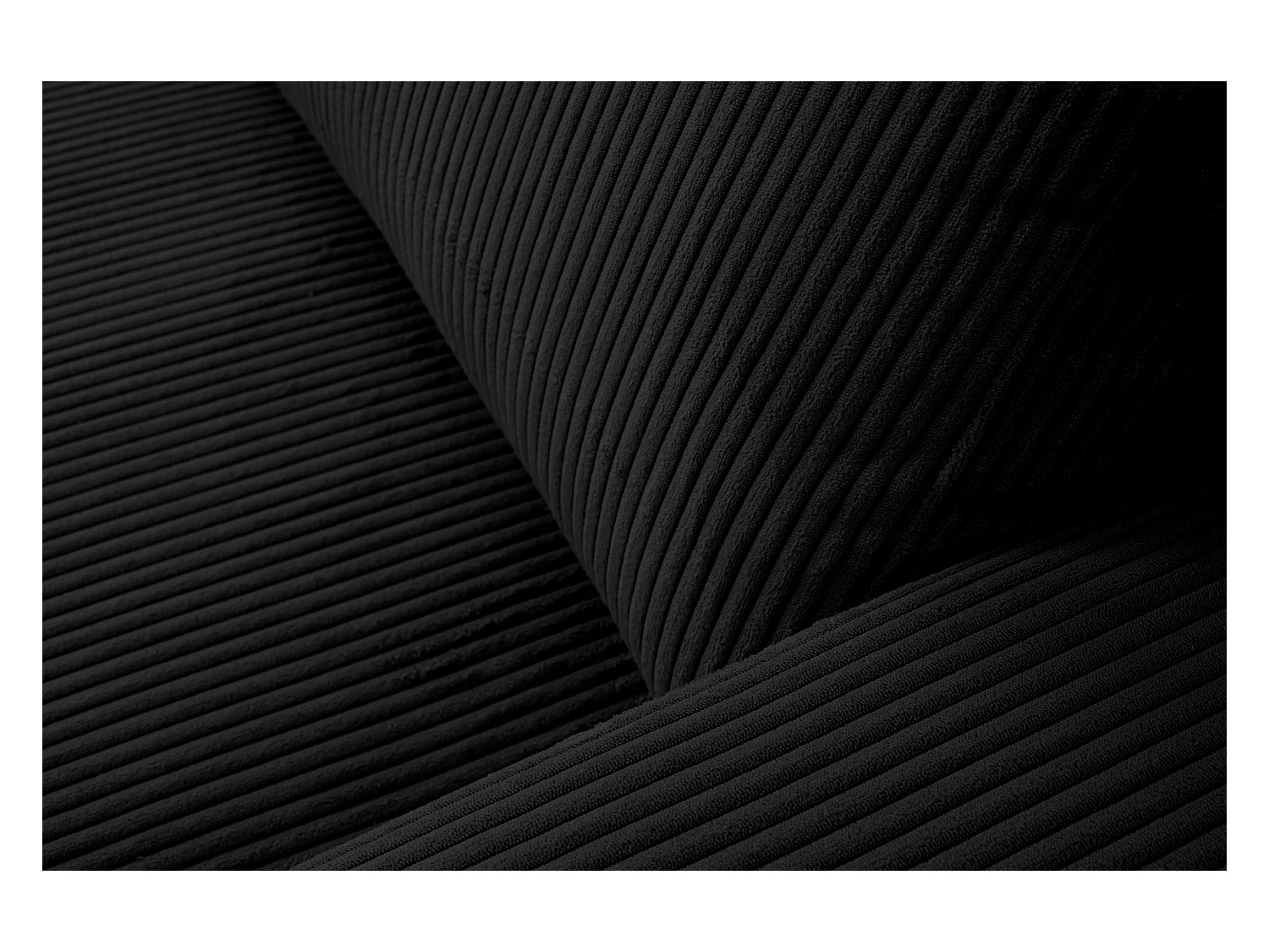 Canapé d'angle Aspen, couleur du canapé : noir, tissu velours côtelé, pouf à gauche