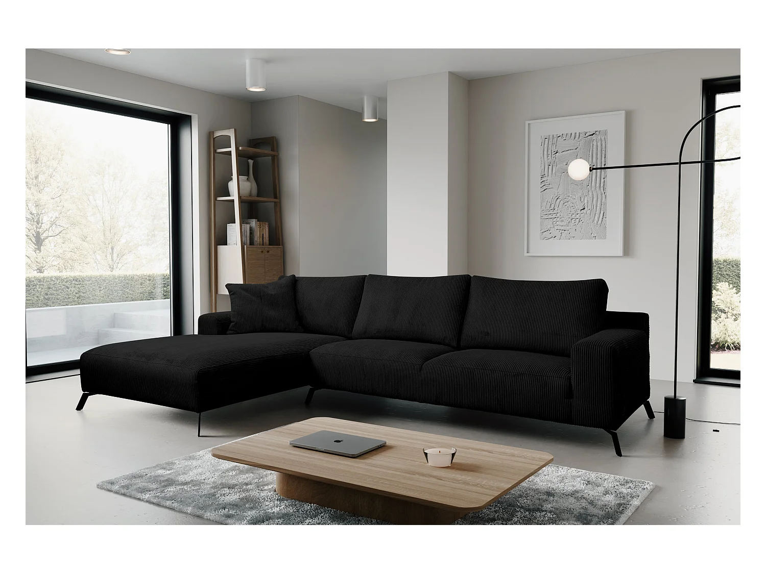 Canapé d'angle Aspen, couleur du canapé : noir, tissu velours côtelé, pouf à gauche