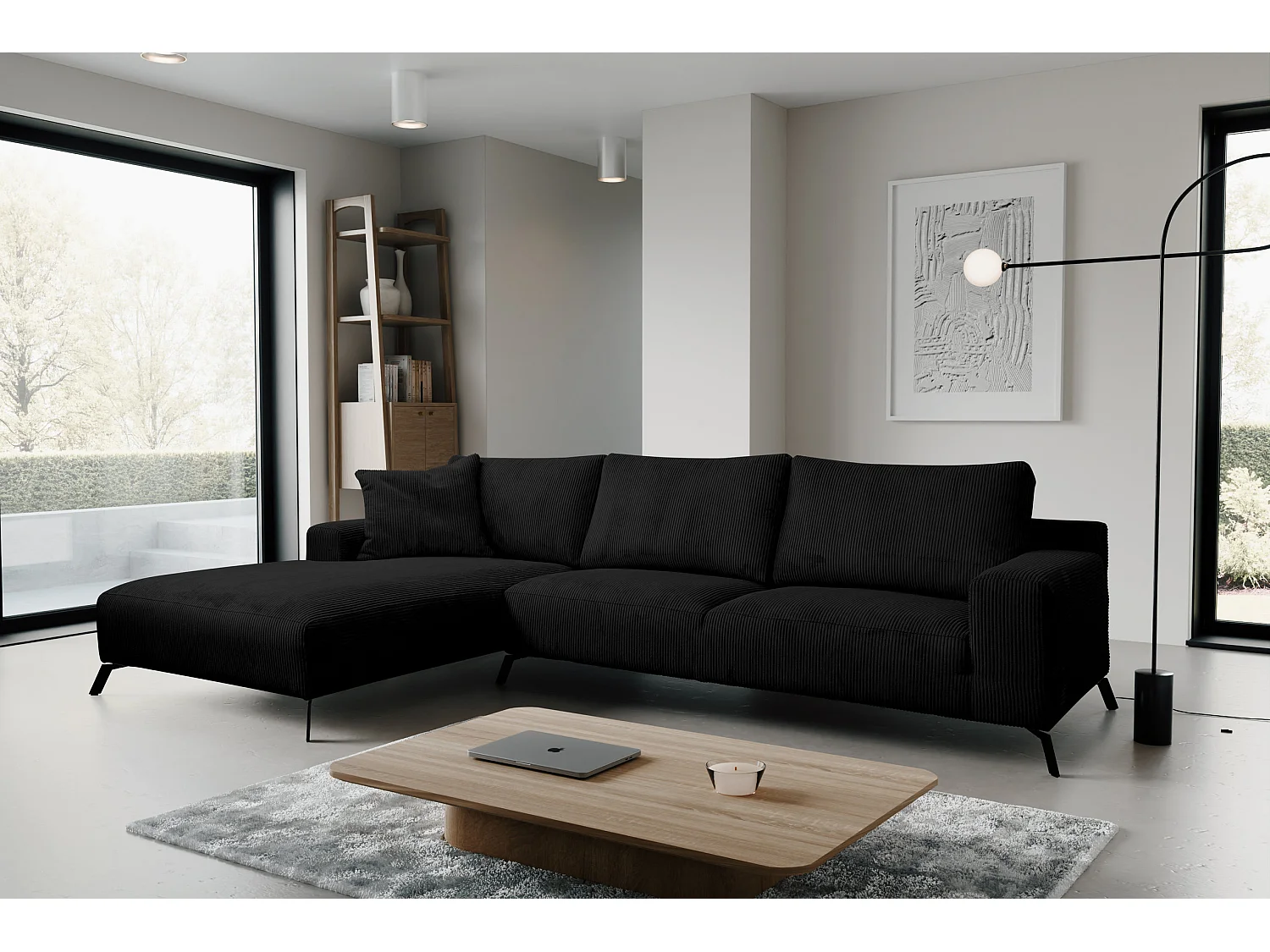 Canapé d'angle Aspen, couleur du canapé : noir, tissu velours côtelé, pouf à gauche