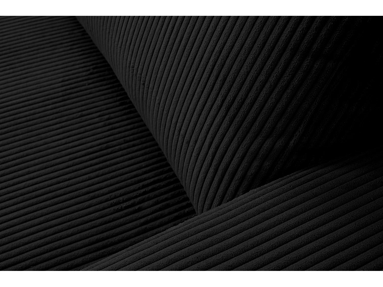 Canapé d'angle Aspen, couleur du canapé : noir, tissu velours côtelé, pouf à gauche