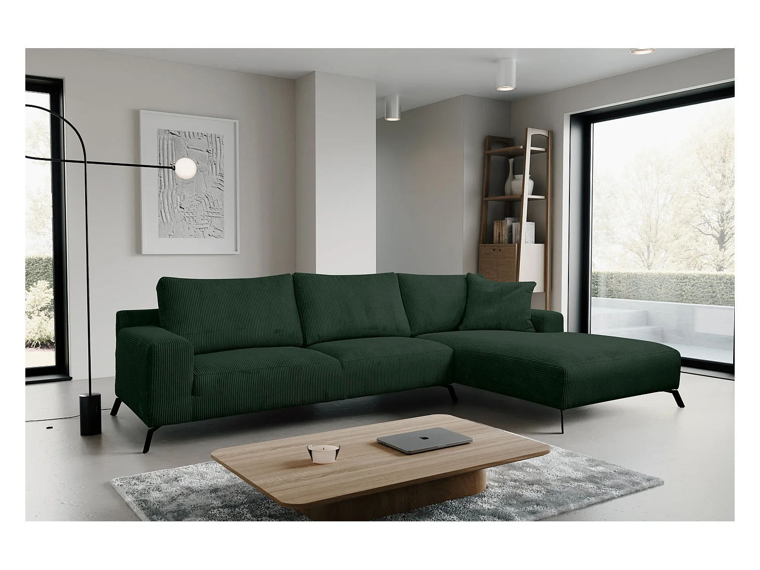 Canapé d'angle Aspen, couleur du canapé : vert, tissu velours côtelé, pouf à droite