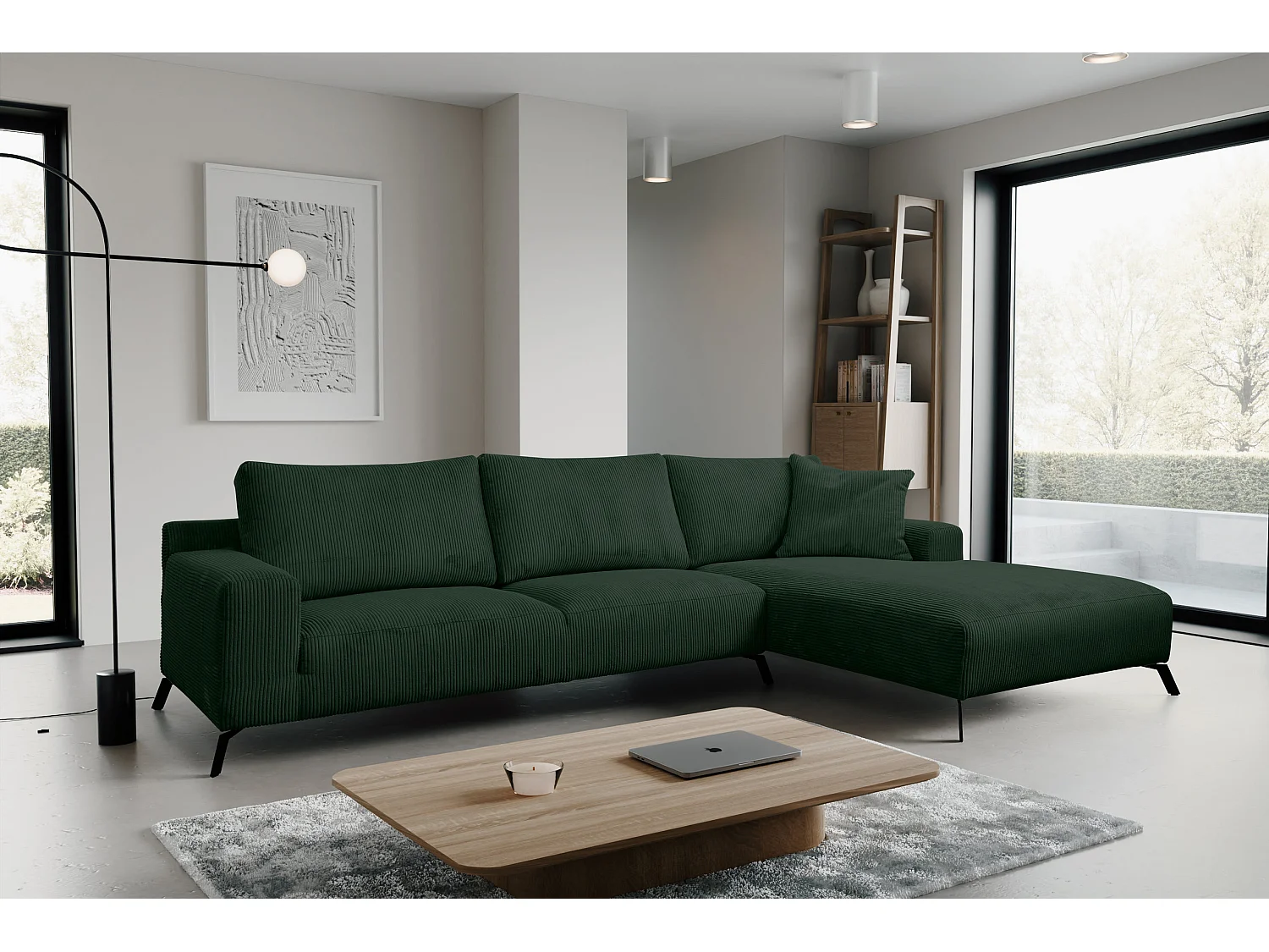 Canapé d'angle Aspen, couleur du canapé : vert, tissu velours côtelé, pouf à droite