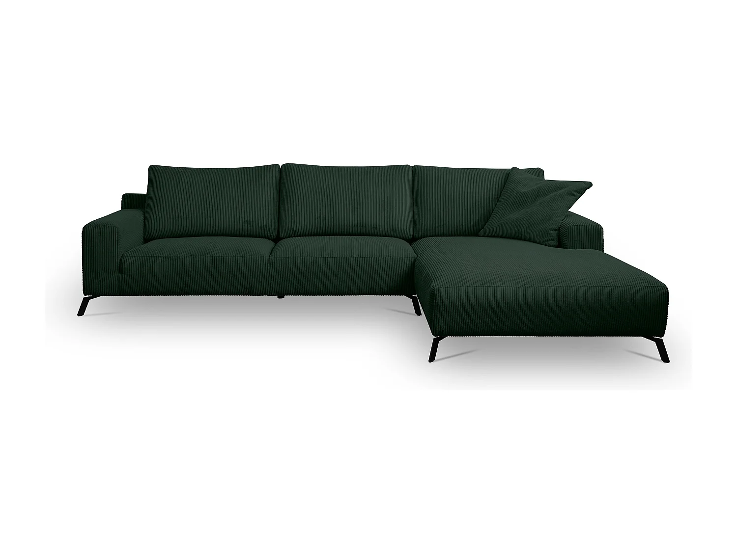 Canapé d'angle Aspen, couleur du canapé : vert, tissu velours côtelé, pouf à droite