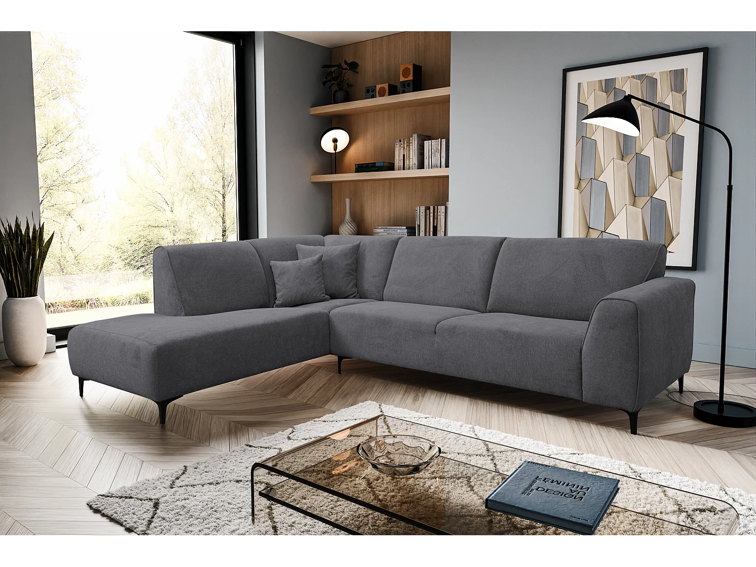 Canapé d'angle Mula, couleur du canapé : gris, tissu velours, pouf à gauche