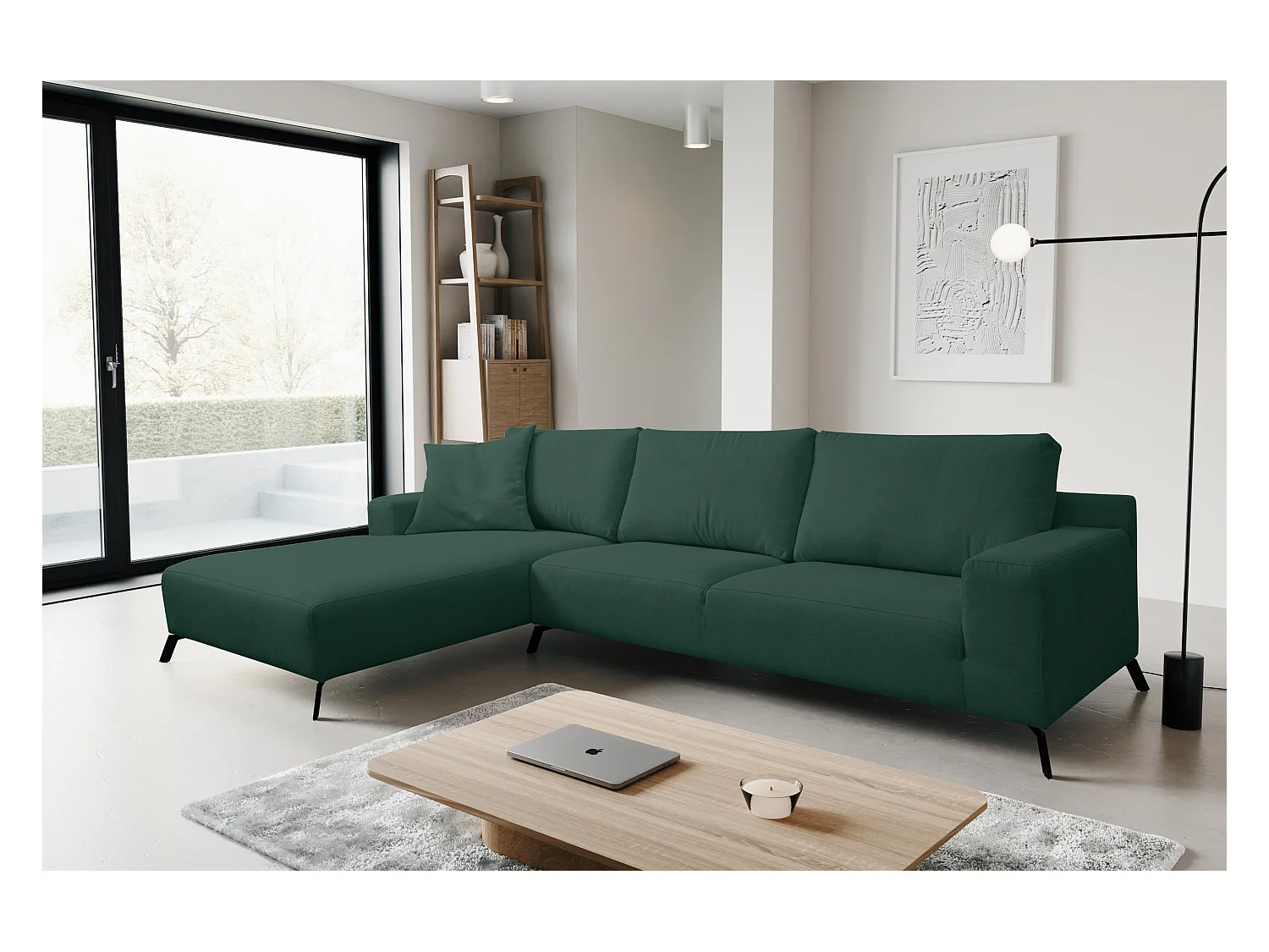 Canapé d'angle Aspen, couleur Coach : vert, tissu velours, pouf à gauche