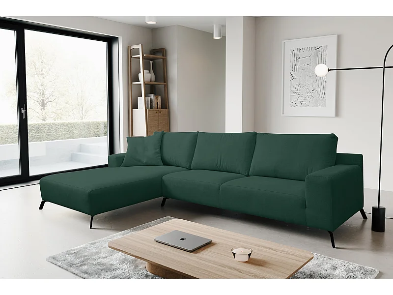 Canapé d'angle Aspen, couleur Coach : vert, tissu velours, pouf à gauche