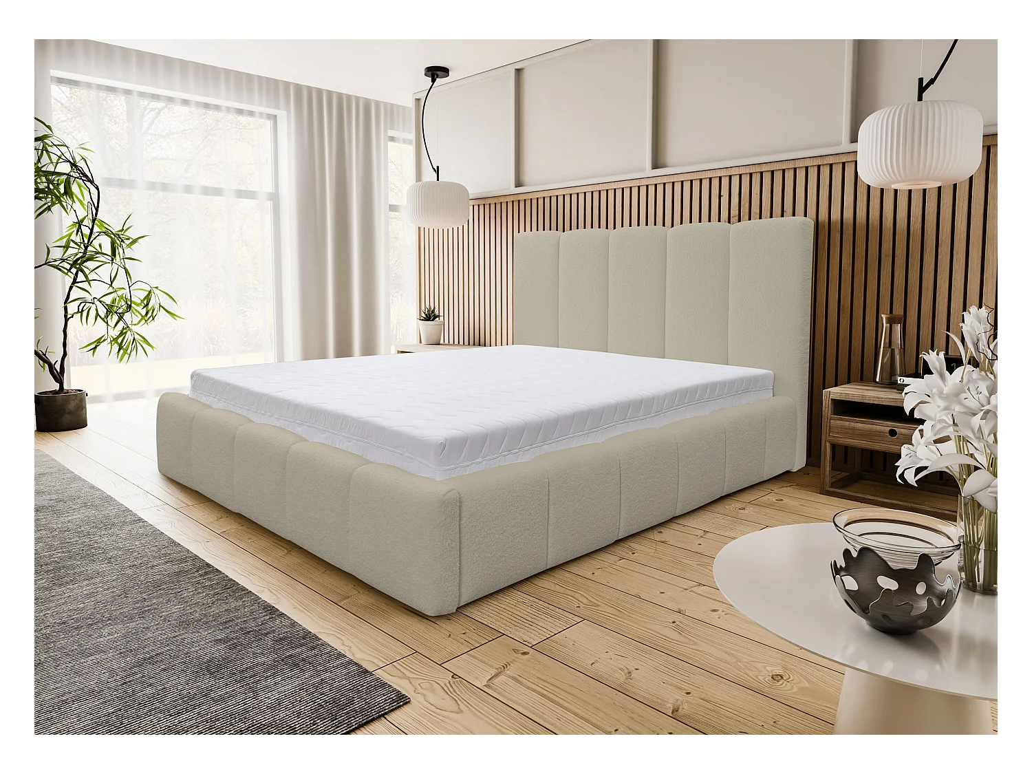 Lit rembourré Marco avec tête de lit, 140 x 200 cm, lit double avec coffre de rangement et sommier à lattes en métal, tissu bouclé, couleur : marron clair