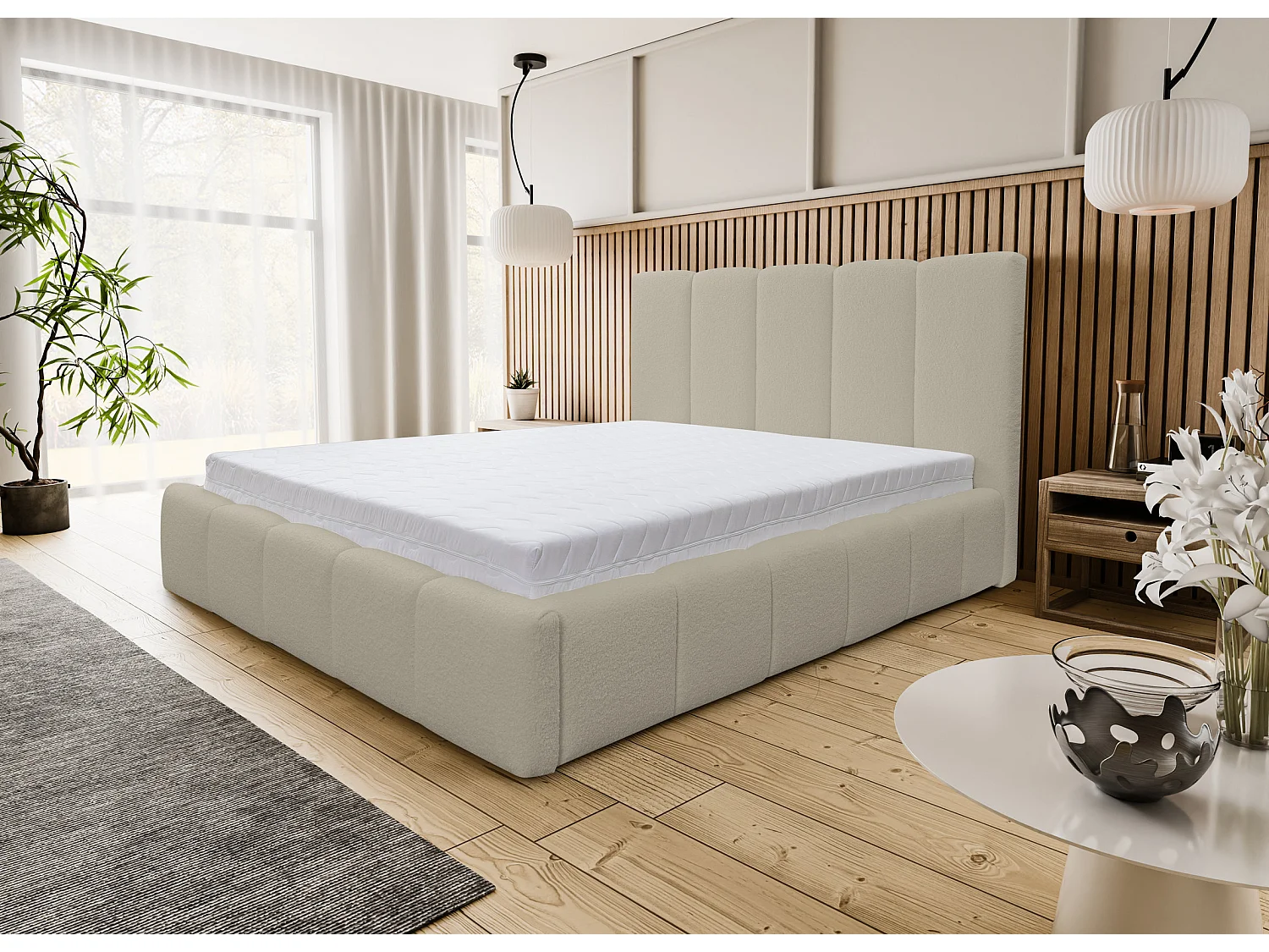 Lit rembourré Marco avec tête de lit, 140 x 200 cm, lit double avec coffre de rangement et sommier à lattes en métal, tissu bouclé, couleur : marron clair