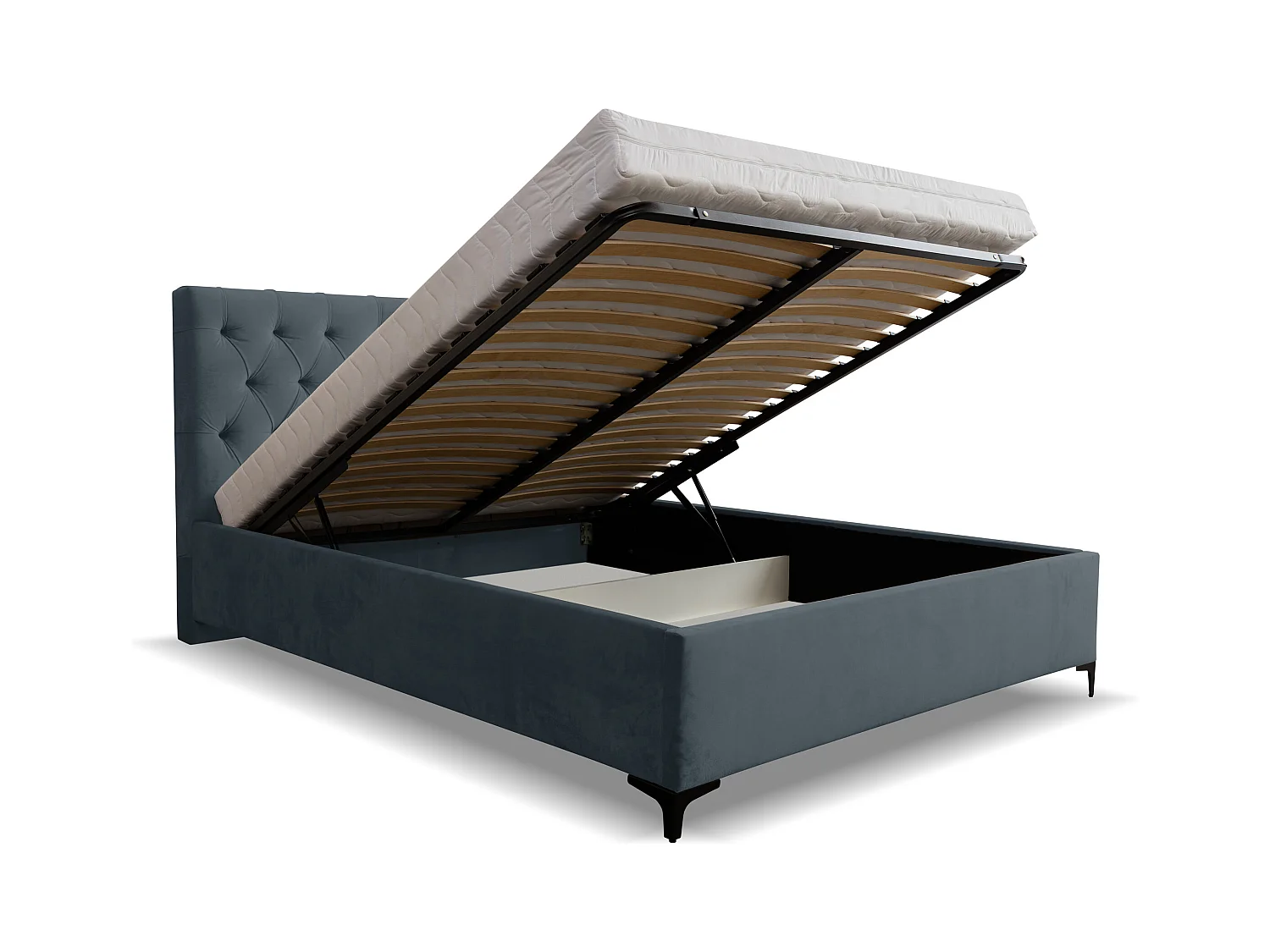 Lit rembourré Chesterfield avec tête de lit, 160 x 200 cm, lit double avec coffre de rangement et sommier à lattes en métal, tissu velours, couleur : gris foncé