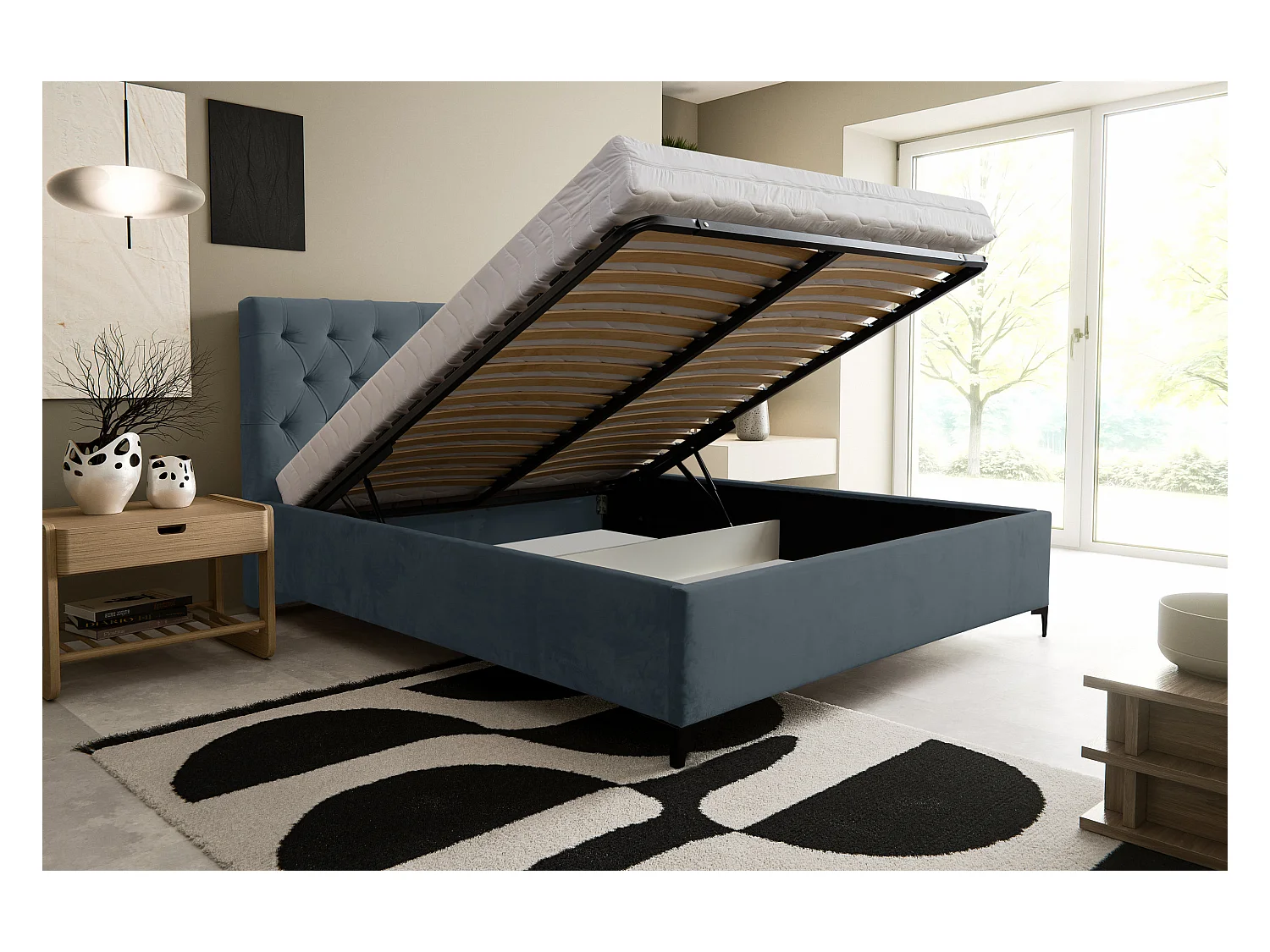 Lit rembourré Chesterfield avec tête de lit, 160 x 200 cm, lit double avec coffre de rangement et sommier à lattes en métal, tissu velours, couleur : gris foncé