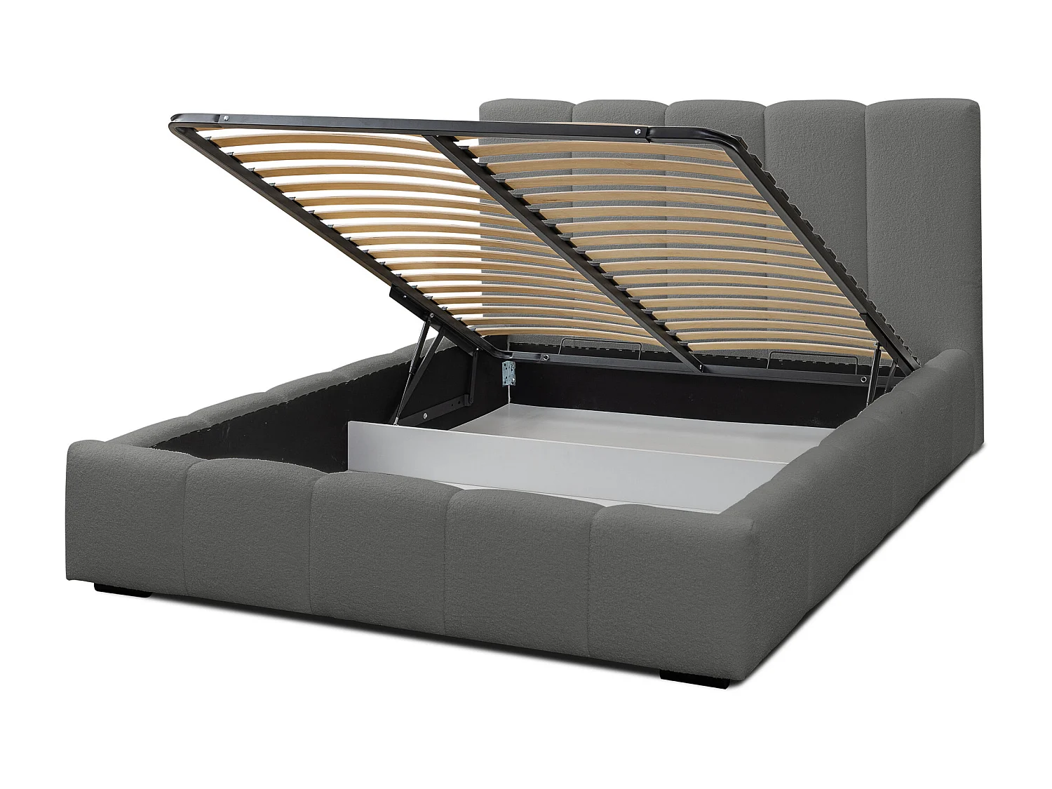 Lit rembourré Marco avec tête de lit, 160 x 200 cm, lit double avec coffre de rangement et sommier à lattes en métal, tissu bouclé, couleur : gris