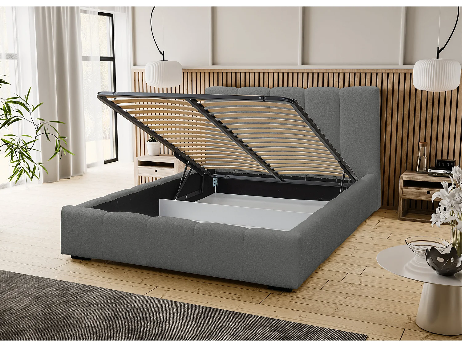 Lit rembourré Marco avec tête de lit, 160 x 200 cm, lit double avec coffre de rangement et sommier à lattes en métal, tissu bouclé, couleur : gris