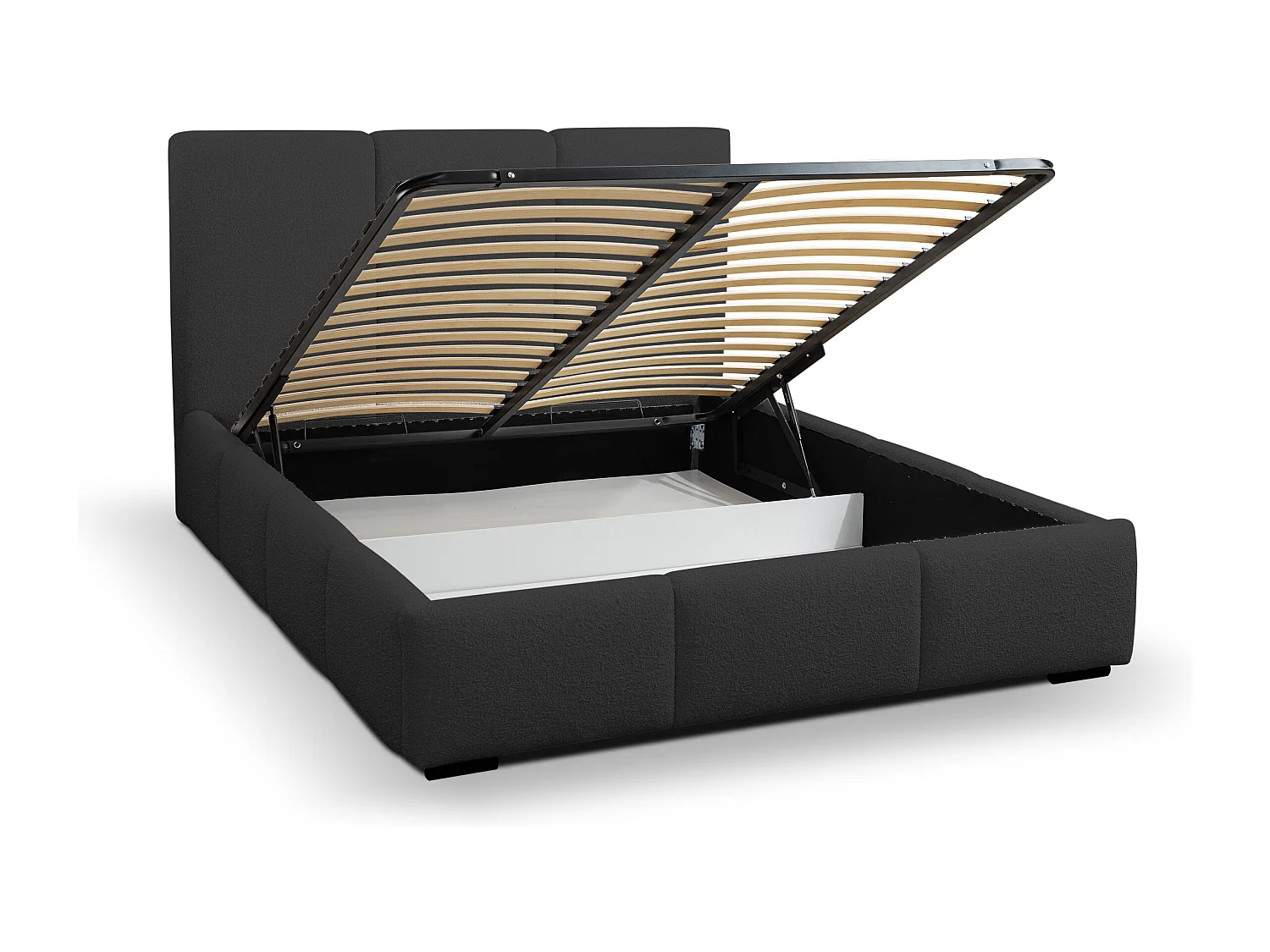 Lit rembourré Basti avec tête de lit, 140 x 200 cm, lit double avec coffre de rangement et sommier à lattes en métal, tissu bouclé, couleur : noir