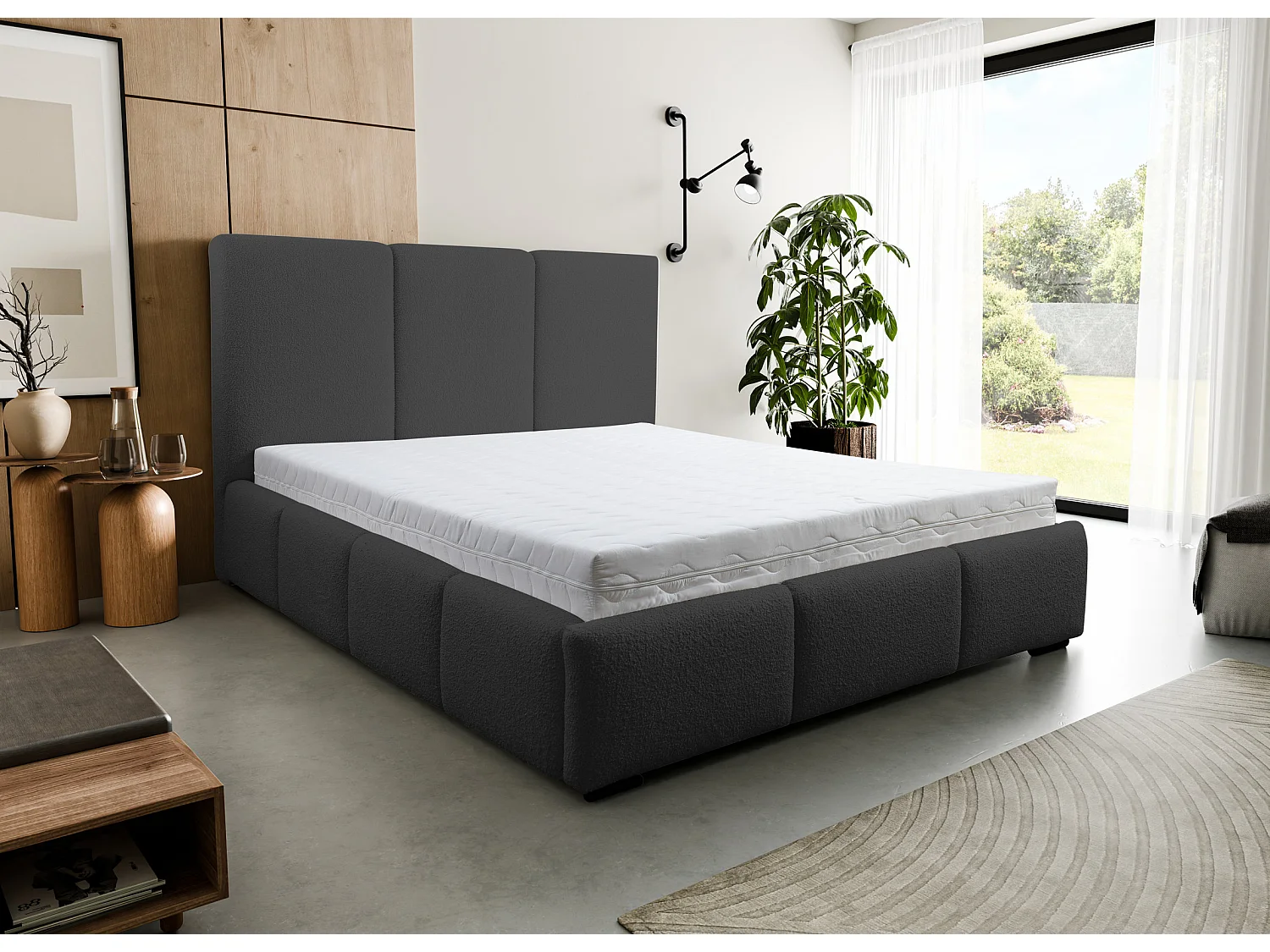 Lit rembourré Basti avec tête de lit, 140 x 200 cm, lit double avec coffre de rangement et sommier à lattes en métal, tissu bouclé, couleur : noir