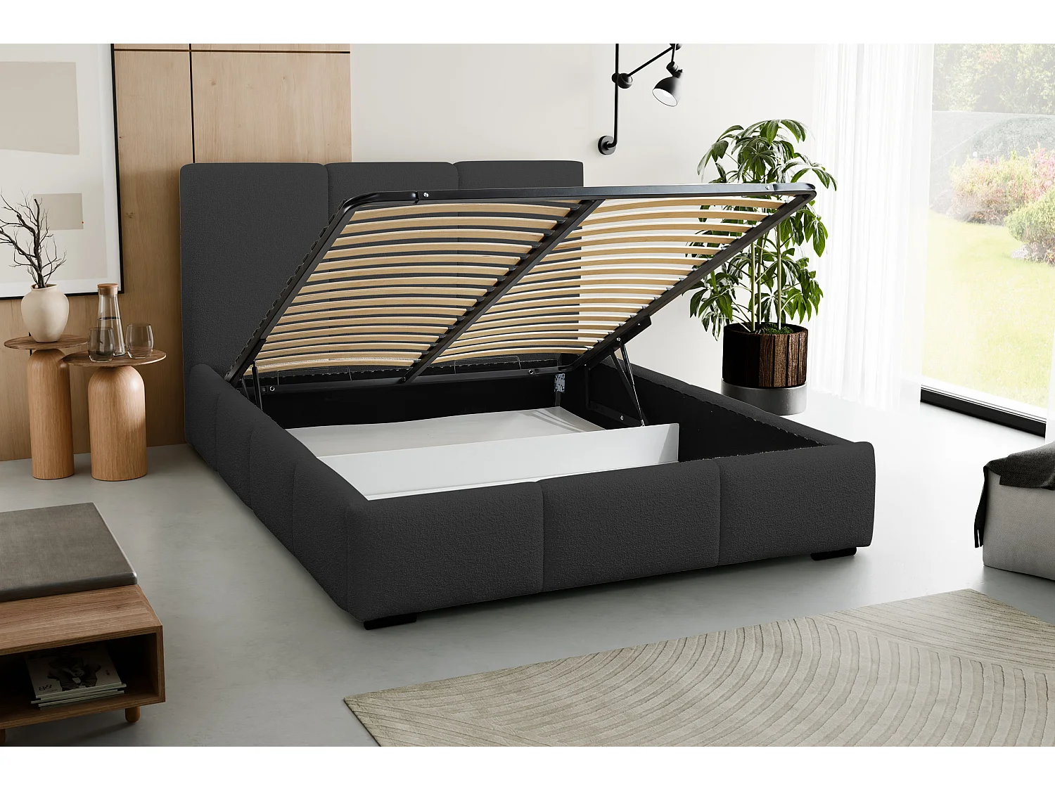 Lit rembourré Basti avec tête de lit, 140 x 200 cm, lit double avec coffre de rangement et sommier à lattes en métal, tissu bouclé, couleur : noir