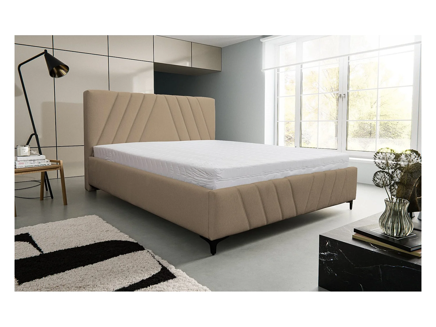 Lit rembourré Capri  avec tête de lit, 140 x 200 cm, lit double avec coffre de rangement et sommier à lattes en métal, tissu velours, couleur : marron