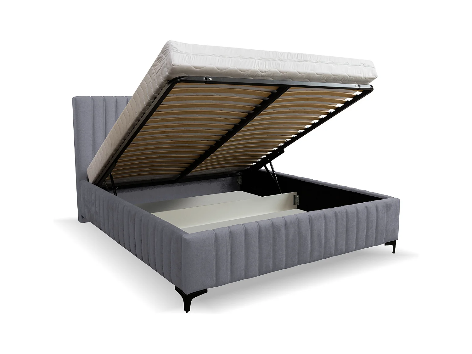 Lit rembourré Quant avec tête de lit, 180 x 200 cm, lit double avec coffre de rangement et sommier à lattes en métal, tissu velours, couleur : gris