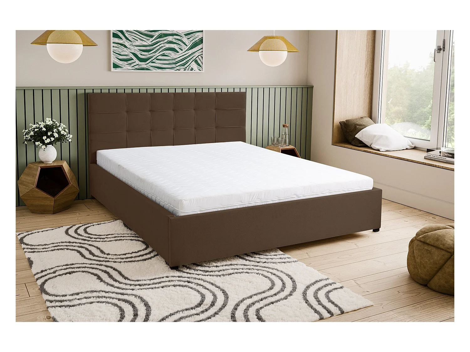 Lit rembourré JESSA avec tête de lit, 180 x 200 cm, lit double avec coffre de rangement et sommier à lattes en velours, velours, couleur : marron