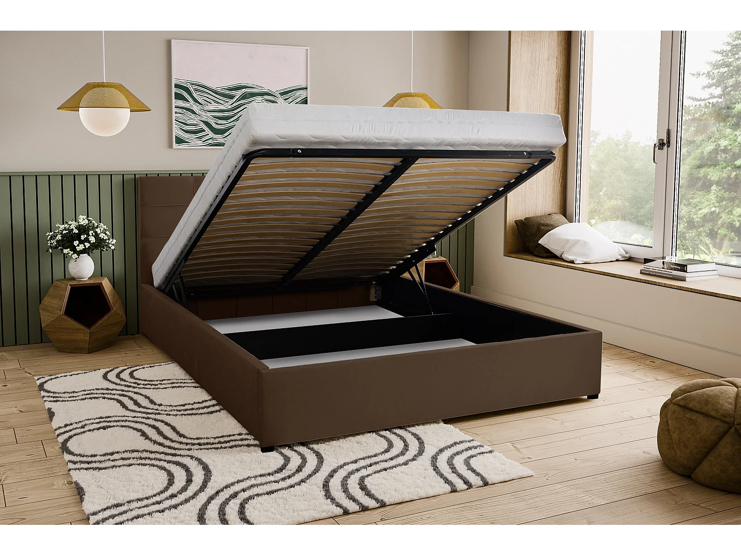 Polsterbett JESSA mit Kopfteil, 180 x200 cm, Doppelbett mit Bettkasten und Lattenrost aus Velourstoff, Velourstoff, Frabe: Braun