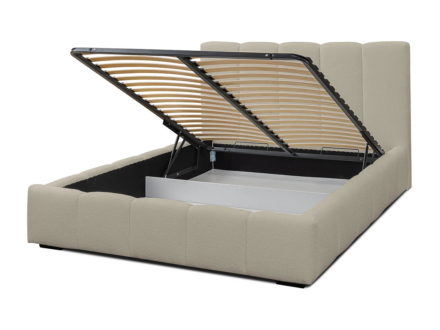 Lit rembourré Marco avec tête de lit, 180 x 200 cm, lit double avec coffre de rangement et sommier à lattes en métal, tissu bouclé, couleur : marron clair