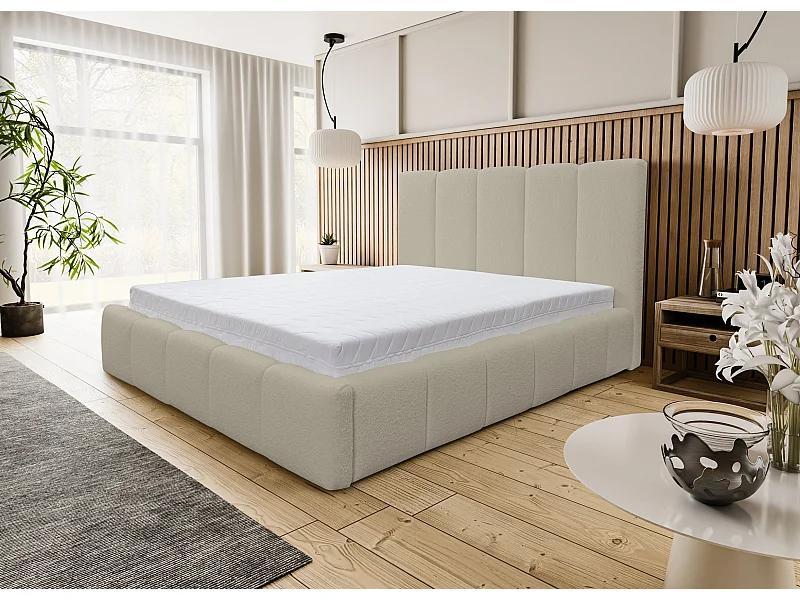 Lit rembourré Marco avec tête de lit, 180 x 200 cm, lit double avec coffre de rangement et sommier à lattes en métal, tissu bouclé, couleur : marron clair