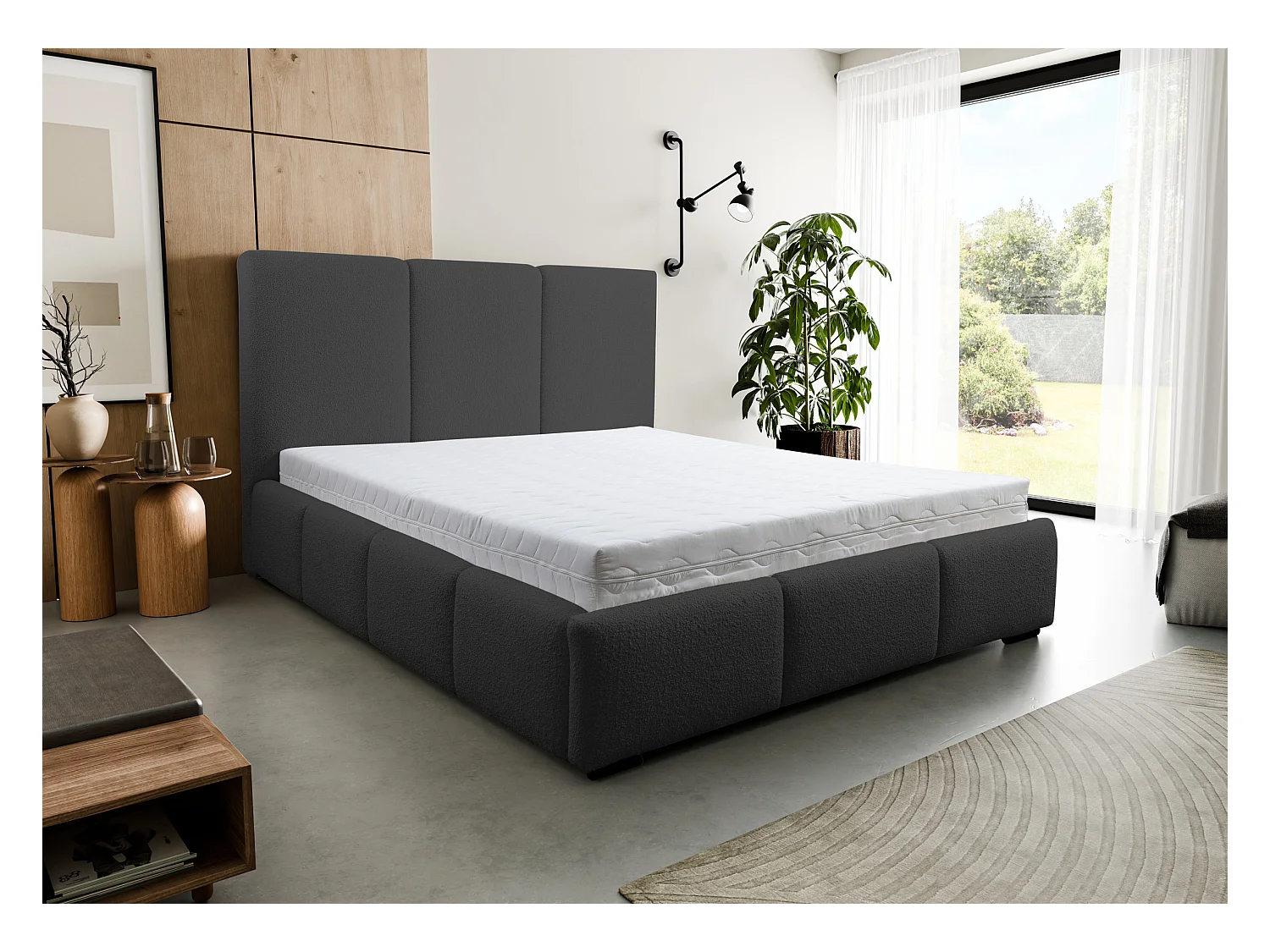 Lit rembourré Basti avec tête de lit, 160 x 200 cm, lit double avec coffre de rangement et sommier à lattes en métal, tissu bouclé, couleur : noir