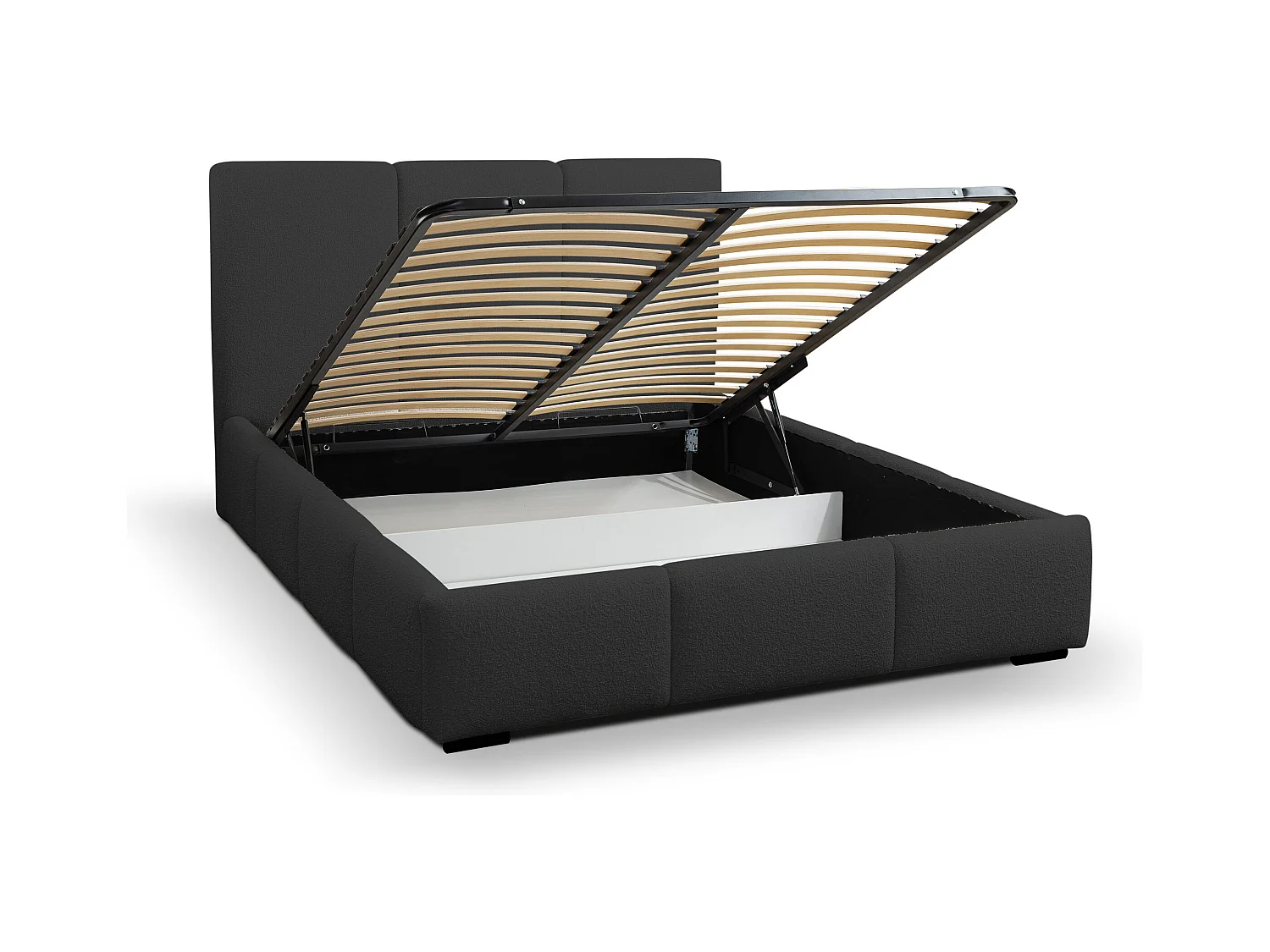 Lit rembourré Basti avec tête de lit, 160 x 200 cm, lit double avec coffre de rangement et sommier à lattes en métal, tissu bouclé, couleur : noir