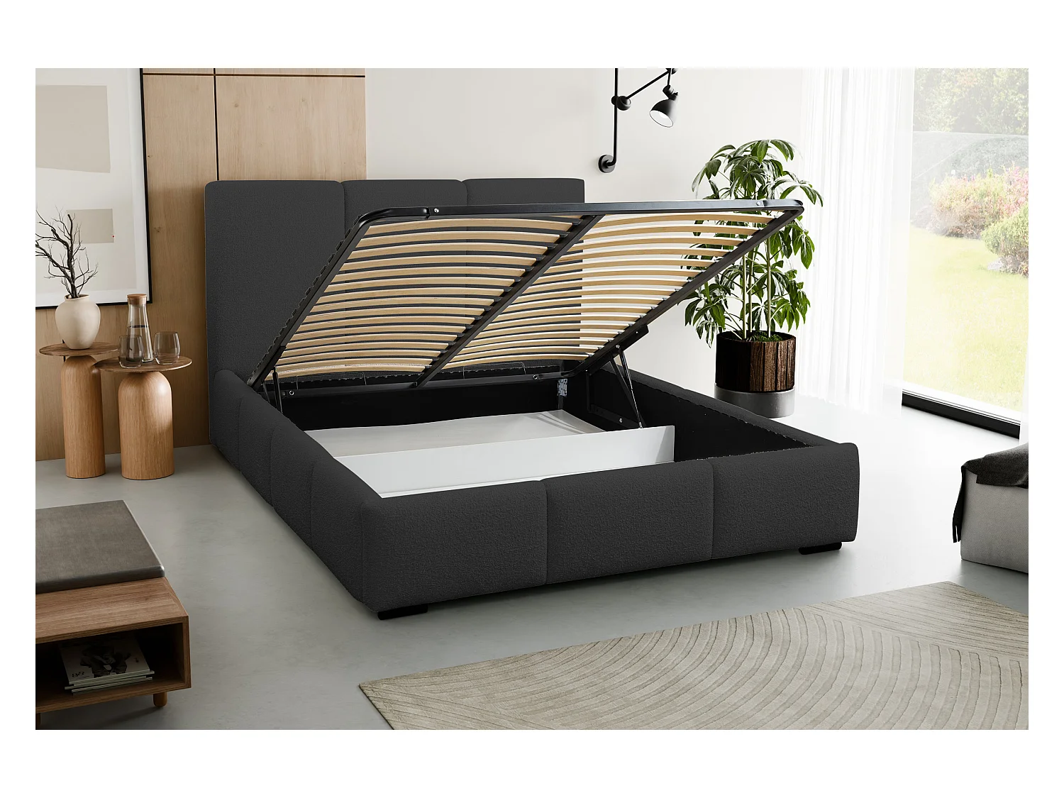 Lit rembourré Basti avec tête de lit, 160 x 200 cm, lit double avec coffre de rangement et sommier à lattes en métal, tissu bouclé, couleur : noir