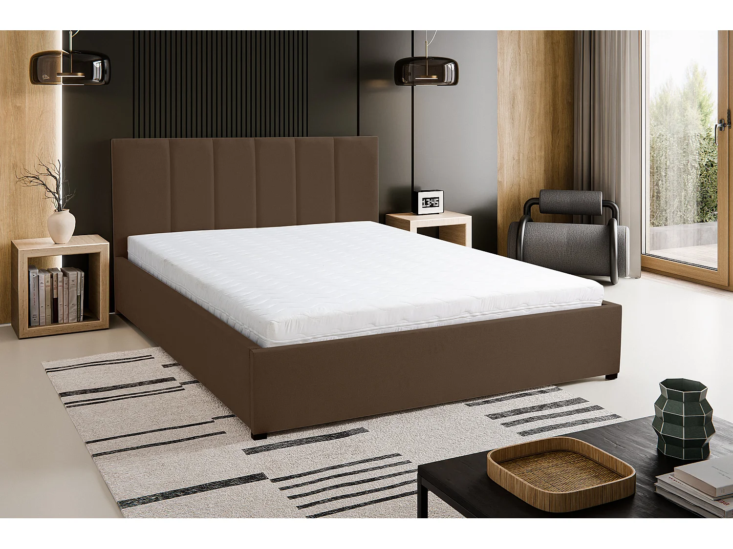 Polsterbett LISA mit Kopfteil, 140 x200 cm, Doppelbett mit Bettkasten und Lattenrost aus Velourstoff, Velourstoff, Frabe: Braun