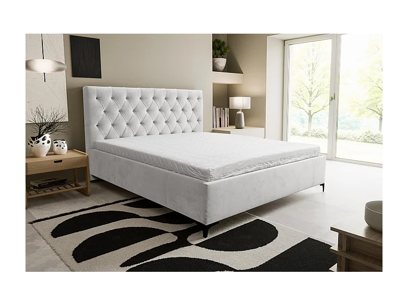 Polsterbett Chesterfield mit Kopfteil, 140 x 200 cm, Doppelbett mit Bettkasten und Lattenrost aus Metall, Velourstoff, Frabe: Hellgrau