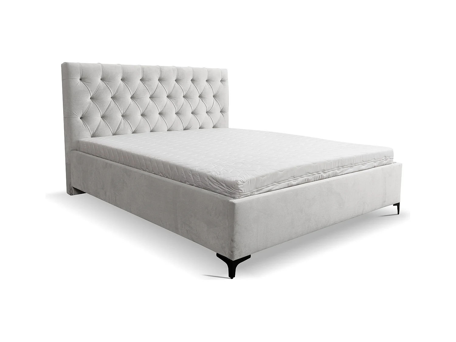 Lit rembourré Chesterfield avec tête de lit, 140 x 200 cm, lit double avec coffre de rangement et sommier à lattes en métal, tissu velours, couleur : gris clair
