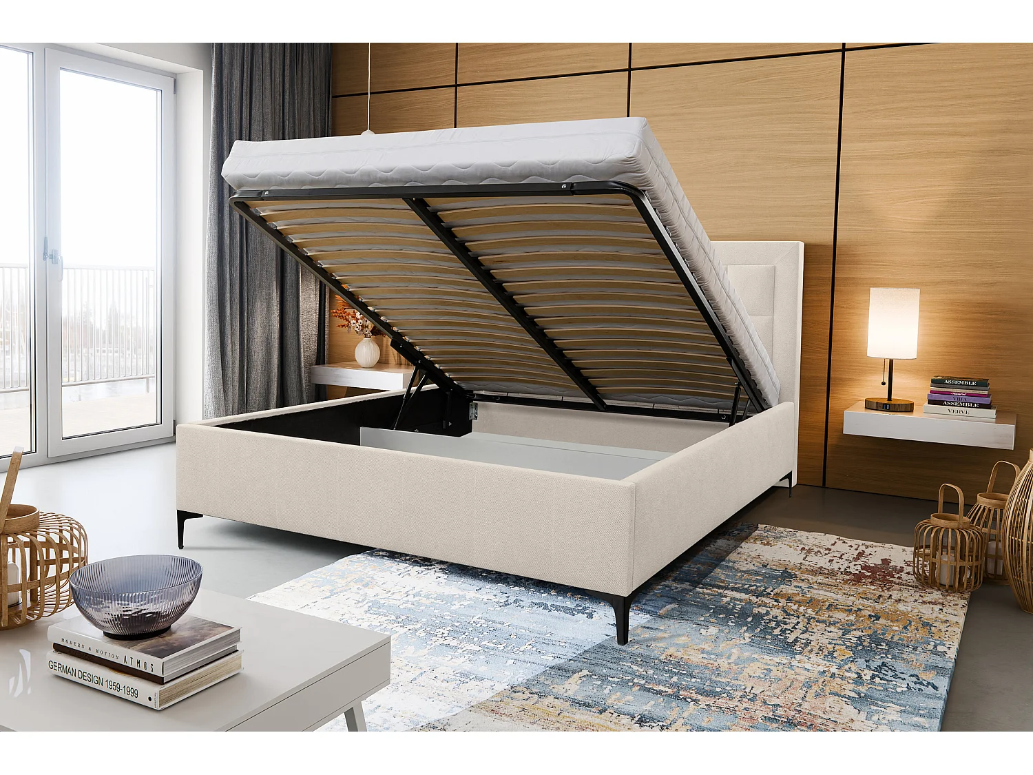 Polsterbett VENEZIA mit Kopfteil, 160 x200 cm, Doppelbett mit Bettkasten und Lattenrost aus Strukturstoff, Velourstoff, Frabe: Beige