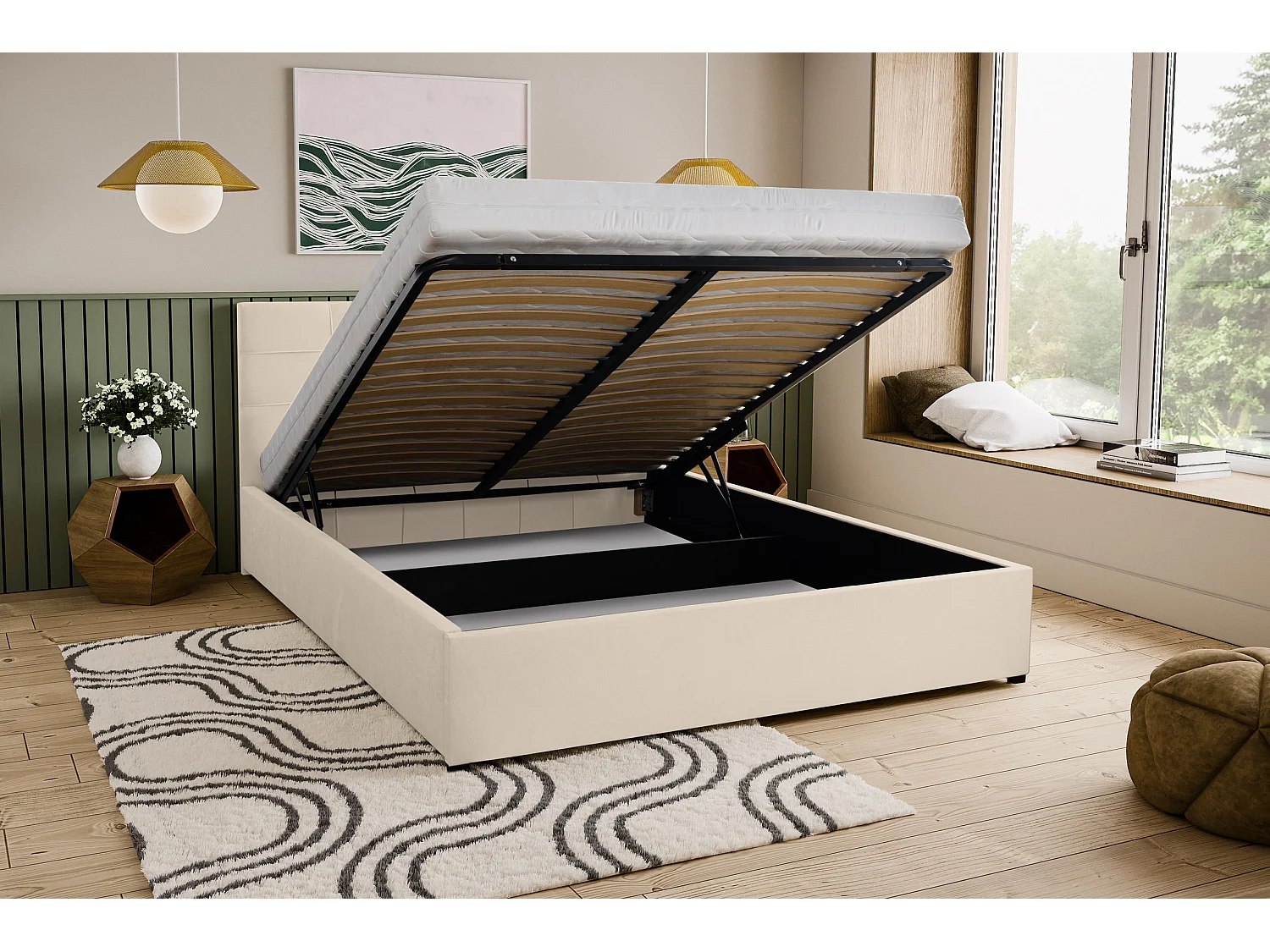 Polsterbett JESSA mit Kopfteil, 180 x200 cm, Doppelbett mit Bettkasten und Lattenrost aus Velourstoff, Velourstoff, Frabe: Beige