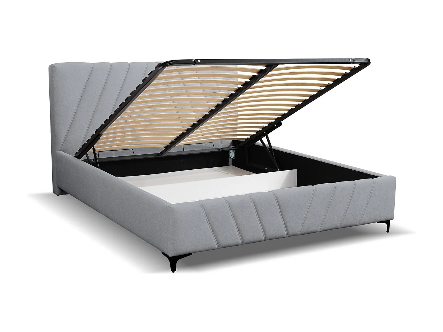 Lit rembourré Capri  avec tête de lit, 160 x 200 cm, lit double avec coffre de rangement et sommier à lattes en métal, tissu velours, couleur : gris