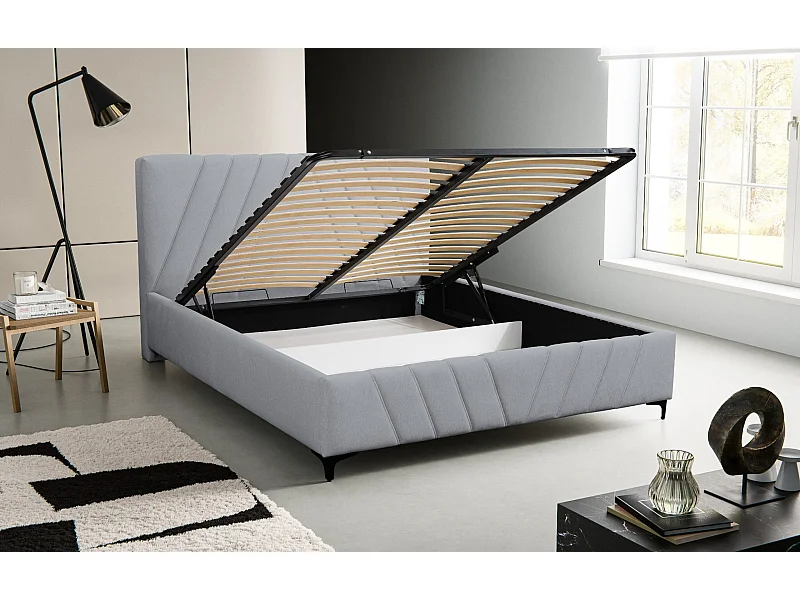 Lit rembourré Capri  avec tête de lit, 160 x 200 cm, lit double avec coffre de rangement et sommier à lattes en métal, tissu velours, couleur : gris