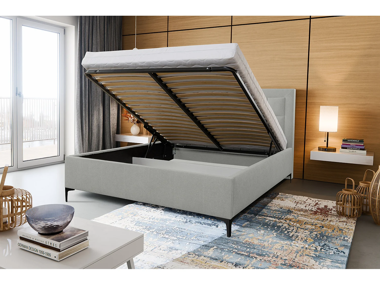 Lit rembourré VENEZIA avec tête de lit, 140 x 200 cm, lit double avec coffre de rangement et sommier à lattes en tissu structuré, tissu velours, couleur : gris