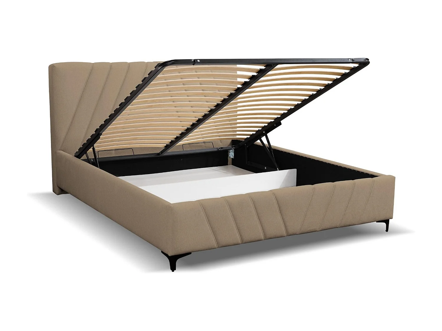 Lit rembourré Capri  avec tête de lit, 180 x 200 cm, lit double avec coffre de rangement et sommier à lattes en métal, tissu velours, couleur : marron