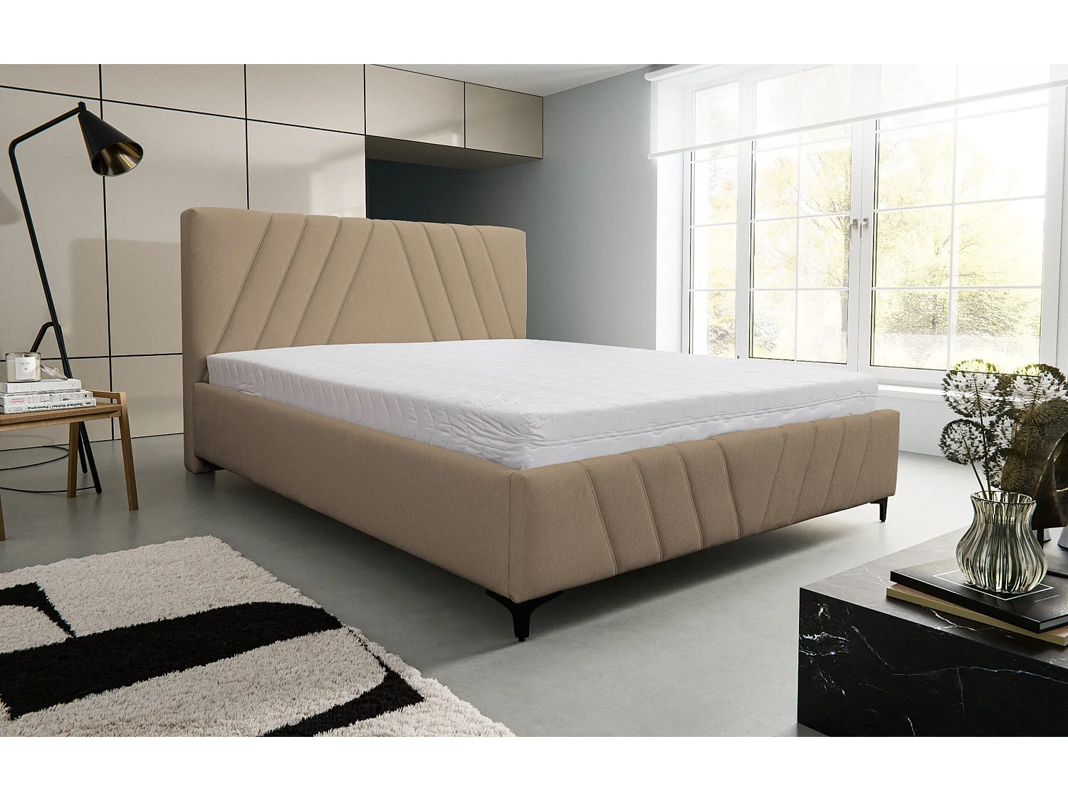 Lit rembourré Capri  avec tête de lit, 180 x 200 cm, lit double avec coffre de rangement et sommier à lattes en métal, tissu velours, couleur : marron