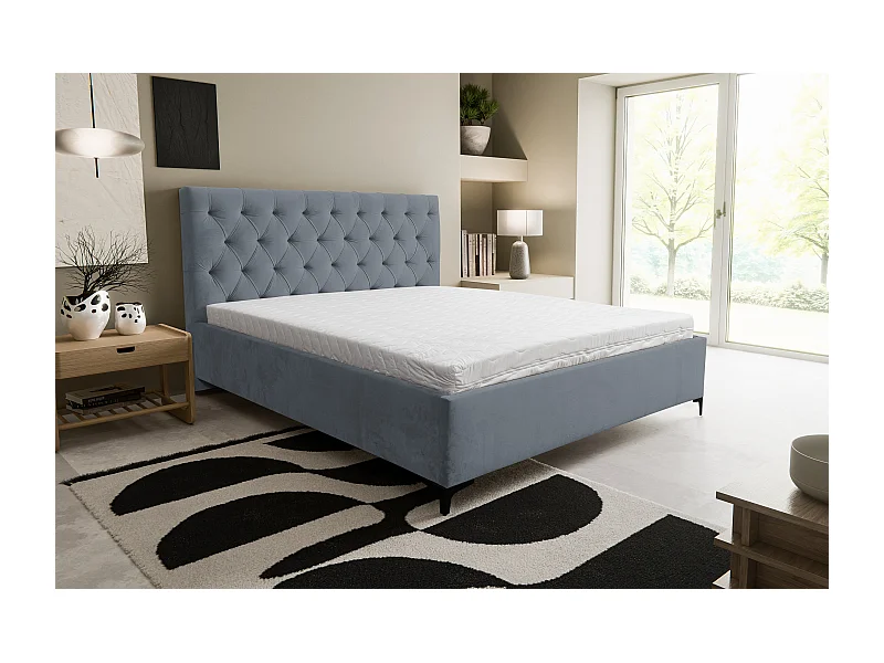 Polsterbett Chesterfield mit Kopfteil, 180 x 200 cm, Doppelbett mit Bettkasten und Lattenrost aus Metall, Velourstoff, Frabe: Grau