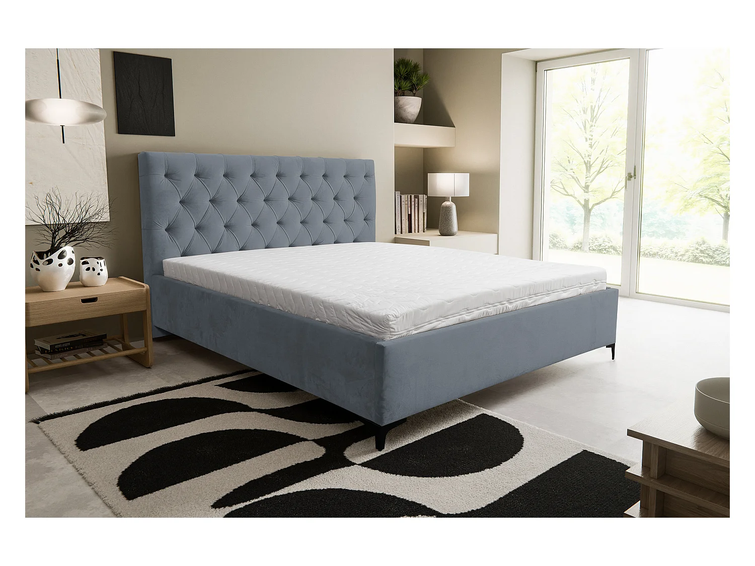 Lit rembourré Chesterfield avec tête de lit, 180 x 200 cm, lit double avec coffre de rangement et sommier à lattes en métal, tissu velours, couleur : gris