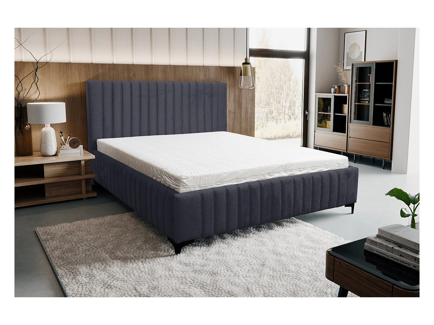 Lit rembourré Quant avec tête de lit, 160 x 200 cm, lit double avec coffre de rangement et sommier à lattes en métal, tissu velours, couleur : noir
