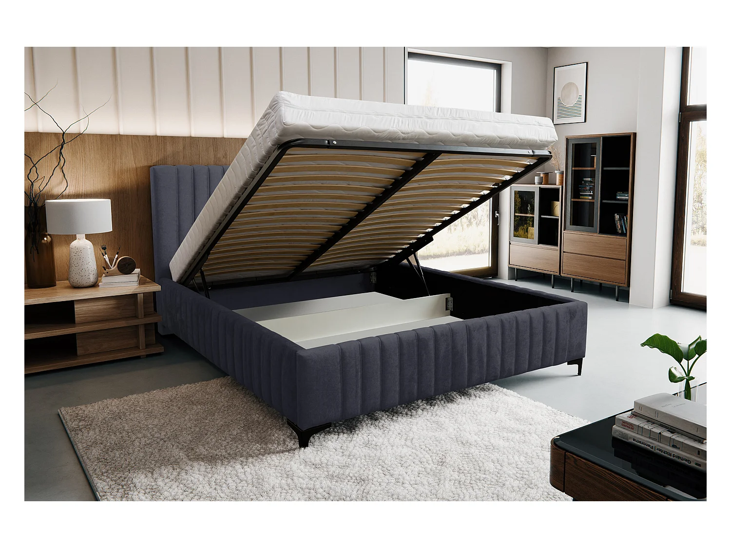 Lit rembourré Quant avec tête de lit, 160 x 200 cm, lit double avec coffre de rangement et sommier à lattes en métal, tissu velours, couleur : noir