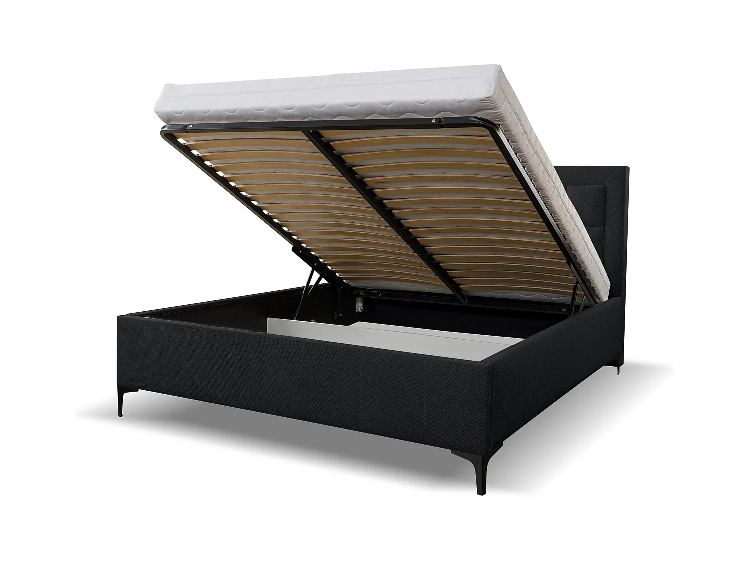 Lit rembourré VENEZIA avec tête de lit, 160 x 200 cm, lit double avec coffre de rangement et sommier à lattes en tissu structuré, tissu velours, couleur : noir