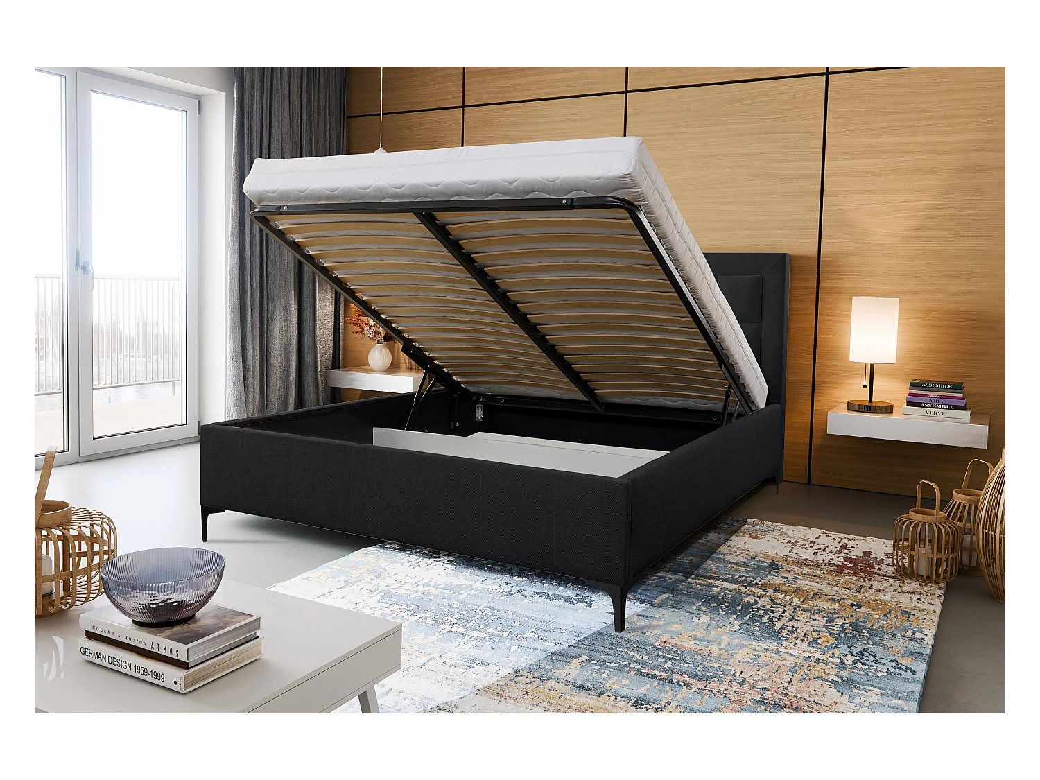 Lit rembourré VENEZIA avec tête de lit, 160 x 200 cm, lit double avec coffre de rangement et sommier à lattes en tissu structuré, tissu velours, couleur : noir