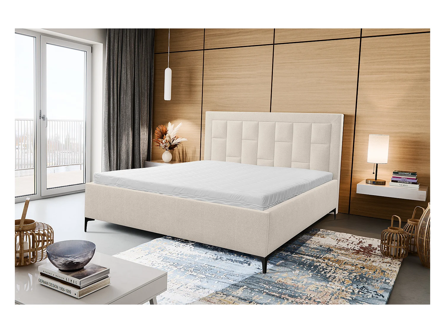 Lit rembourré VENEZIA avec tête de lit, 140 x 200 cm, lit double avec coffre de rangement et sommier à lattes en tissu structuré, velours, couleur : beige