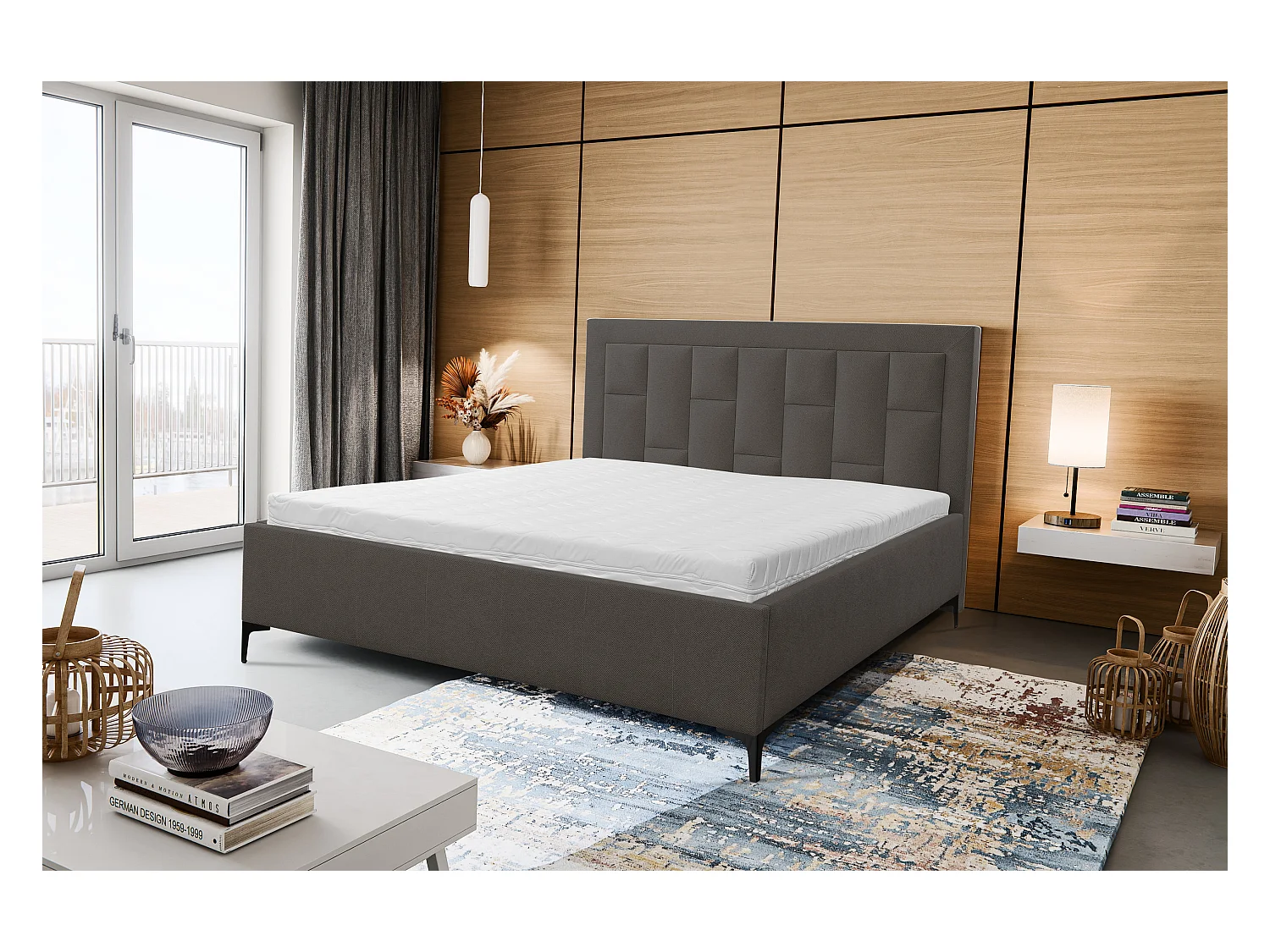 Lit rembourré VENEZIA avec tête de lit, 140 x 200 cm, lit double avec coffre de rangement et sommier à lattes en tissu structuré, velours, couleur : gris foncé