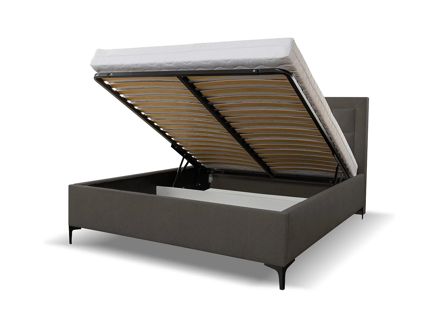 Lit rembourré VENEZIA avec tête de lit, 140 x 200 cm, lit double avec coffre de rangement et sommier à lattes en tissu structuré, velours, couleur : gris foncé