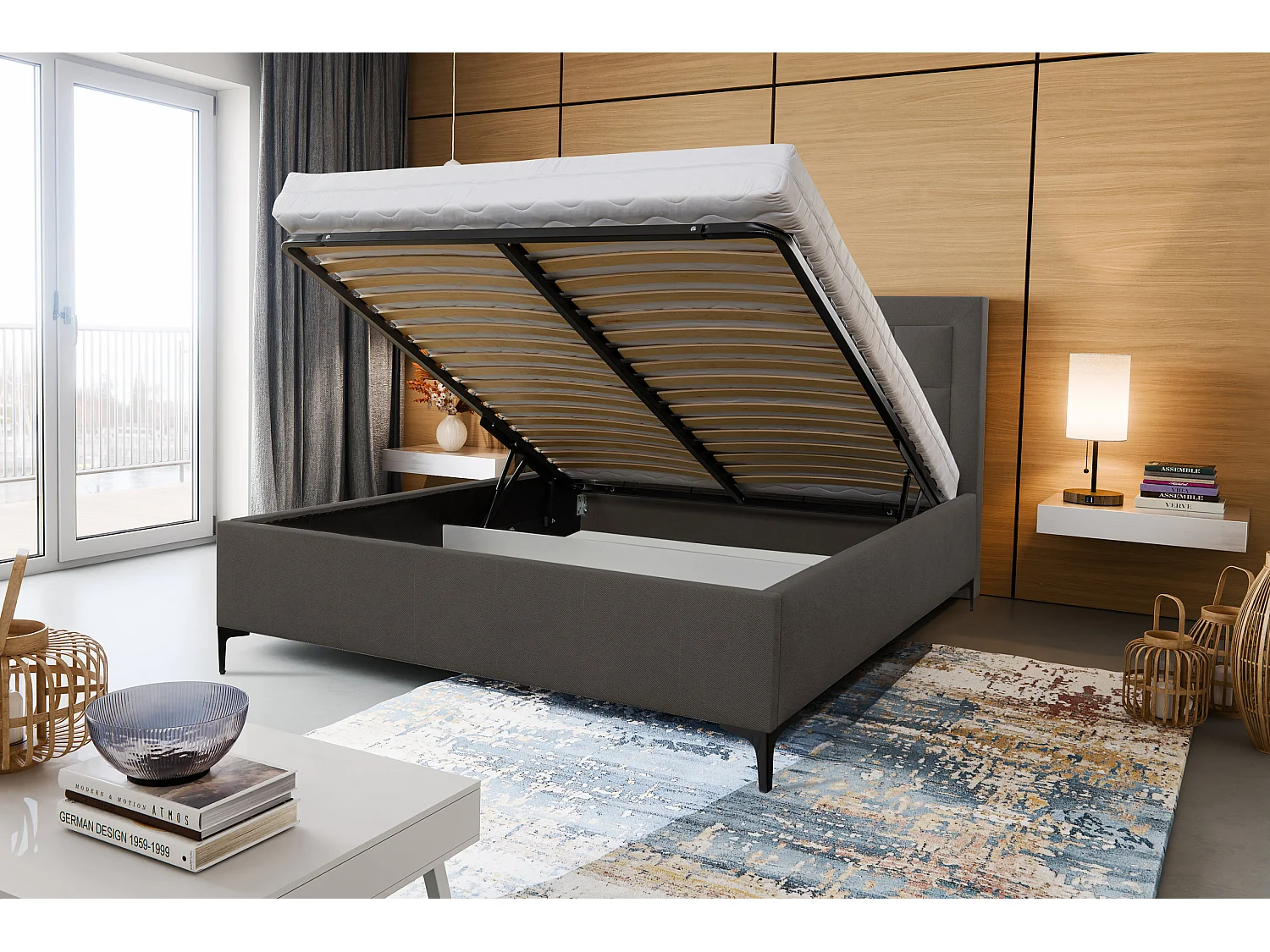 Lit rembourré VENEZIA avec tête de lit, 140 x 200 cm, lit double avec coffre de rangement et sommier à lattes en tissu structuré, velours, couleur : gris foncé