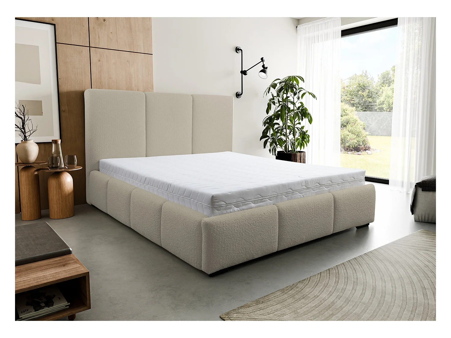 Lit rembourré Basti avec tête de lit, 180 x 200 cm, lit double avec coffre de rangement et sommier à lattes en métal, tissu bouclé, couleur : marron clair